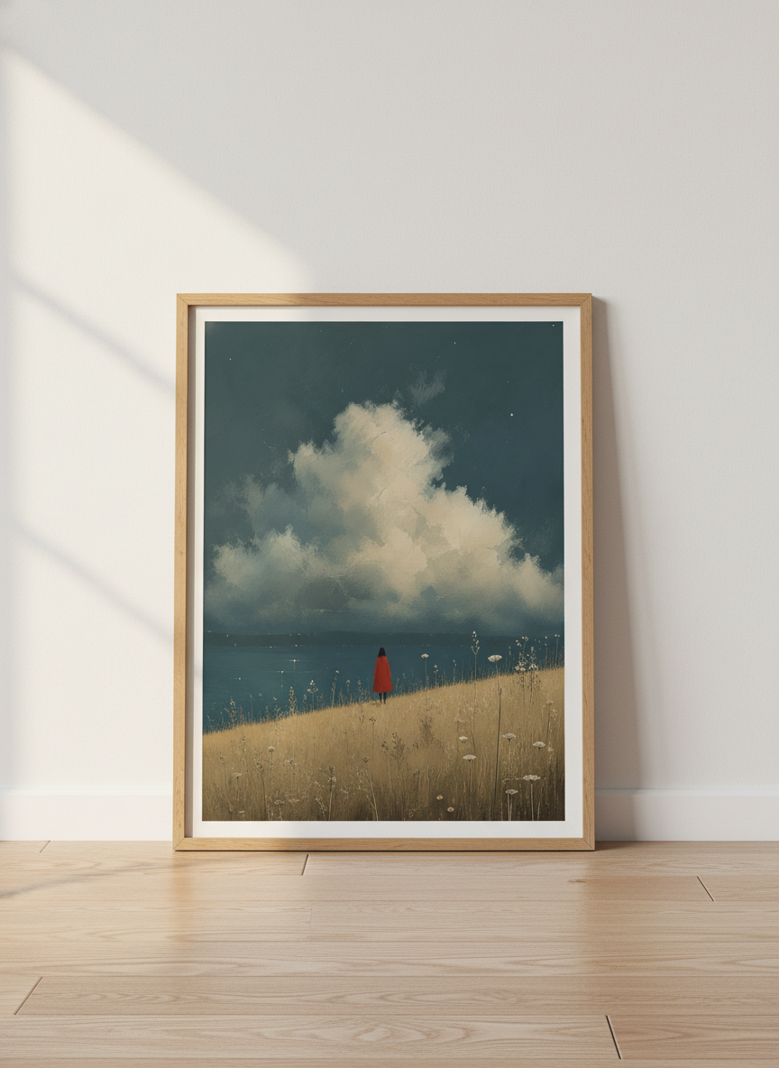 Lone Figure in Red Coat | Moody Blue Sea Landscape, Impressionist Bedroom Wall Art Poster