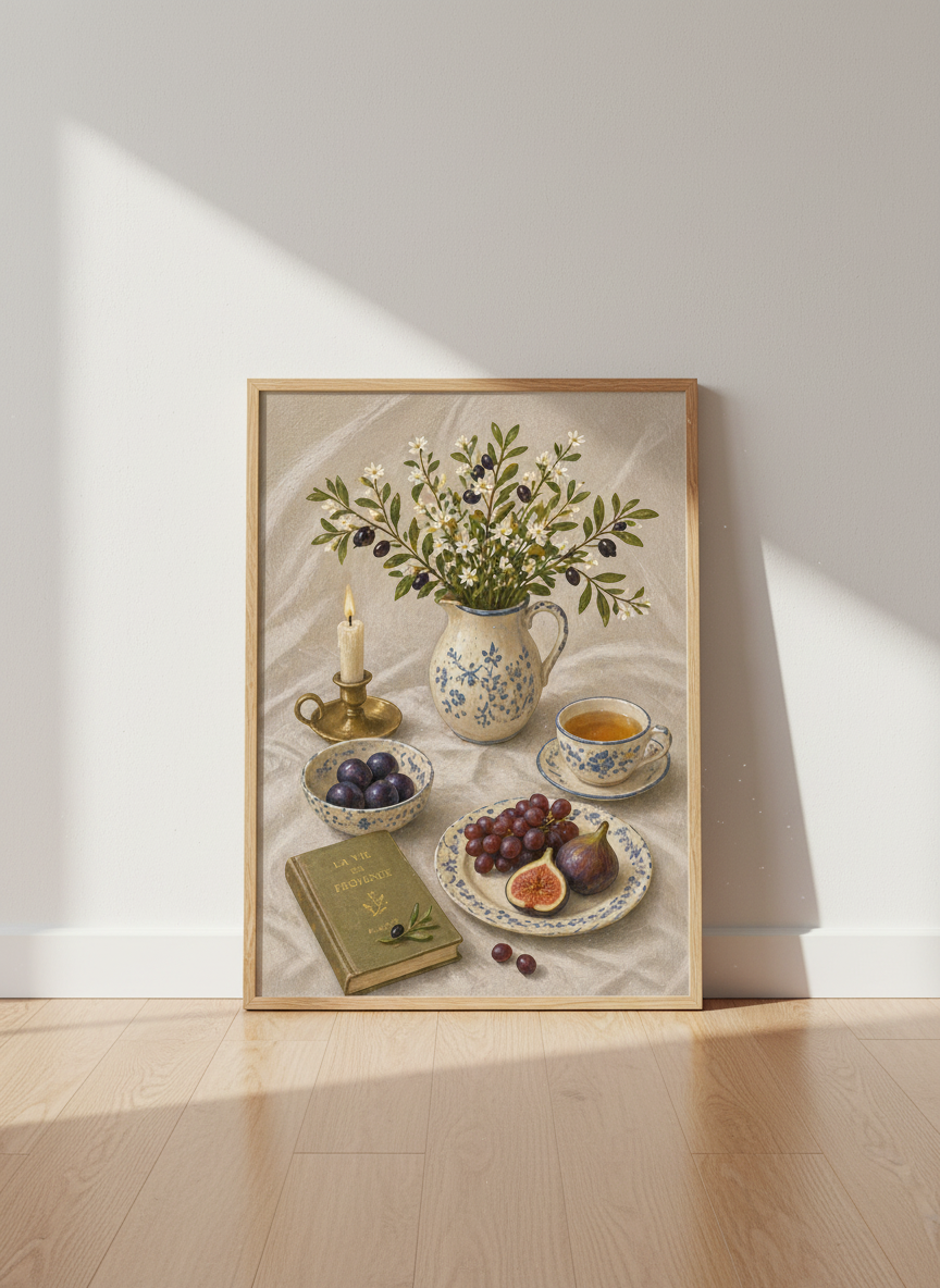 French Countryside Still Life Art Print | Provence Farmhouse Decor | Rustic Botanical Candle Tea Poster