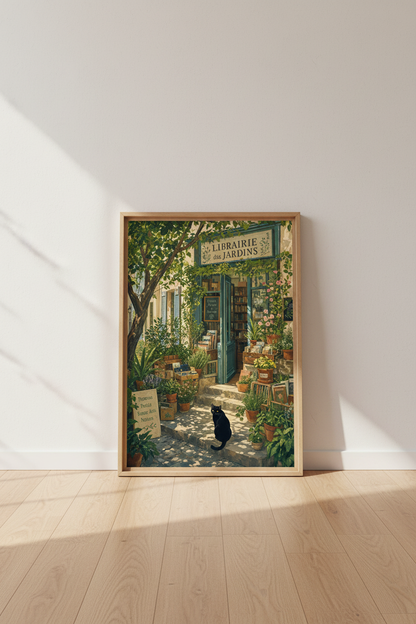 French Bookstore Wall Art Print | Parisian Cat Decor | Vintage Botanical Poster