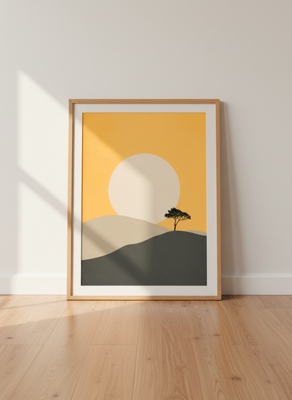 Minimalist Landscape Wall Art Print | Boho Living Room Decor | Mid Century Modern Poster | Desert Sun Tree Digital Download