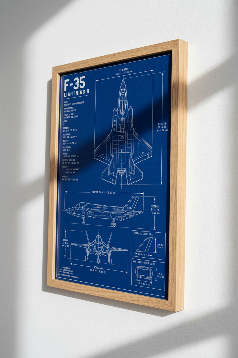 F-35 Lightning II Blueprint Art Print | Military Aircraft Plan Poster | Aviation Man Cave Decor | Engineering Gift Idea