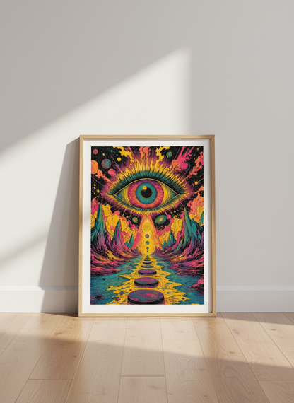 Psychedelic Eye Cosmic Landscape Wall Art | Trippy Neon Poster | Surreal Home Decor