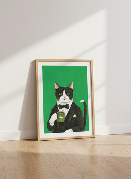 Chic Tuxedo Cat Art Print | Dapper Animal Decor | Mid-Century Modern Poster | Quirky Pet Lover Gift | Green Wall Art
