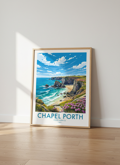 Chapel Porth Cornwall Travel Poster | Coastal Landscape Wall Art | Beach Decor