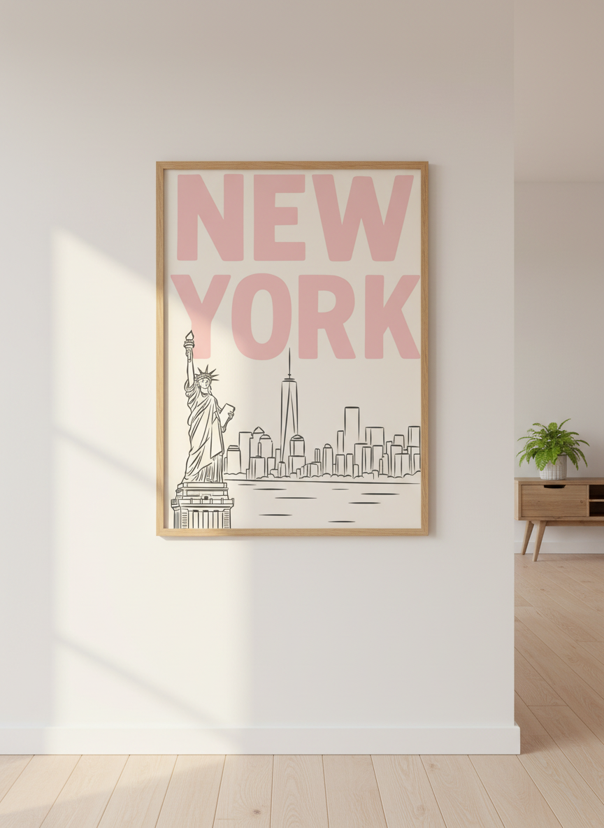 Preppy NYC Skyline Print - Pink Minimalist Wall Art for Girly Dorm - Girly Dorm Room