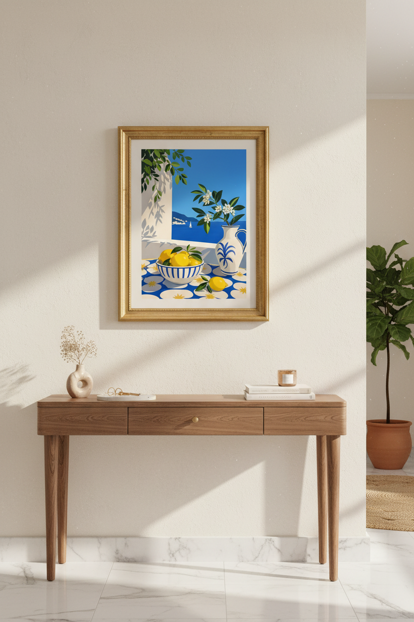 coastal lemon print | Mediterranean blue &amp; yellow kitchen decor