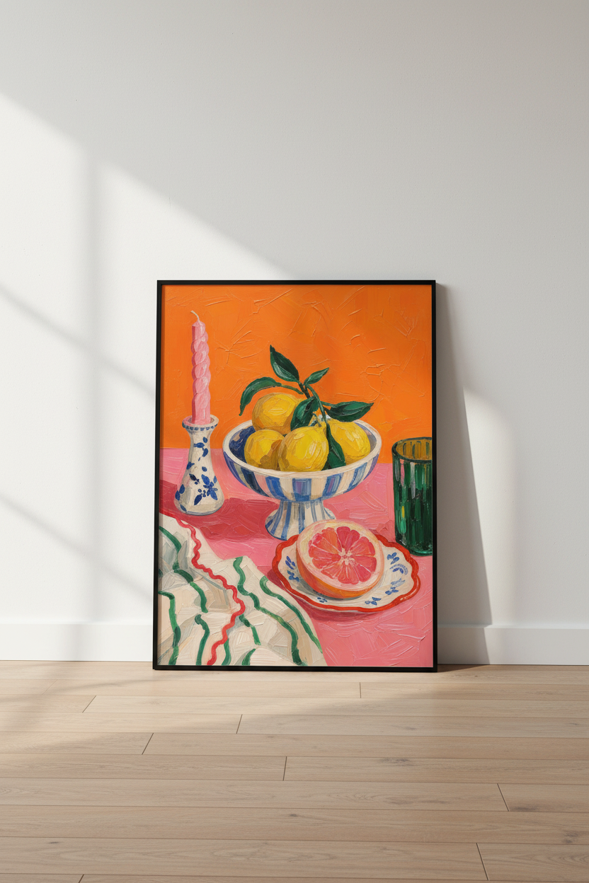 Lemon Still Life Print | Colorful Impasto, Kitchen Decor