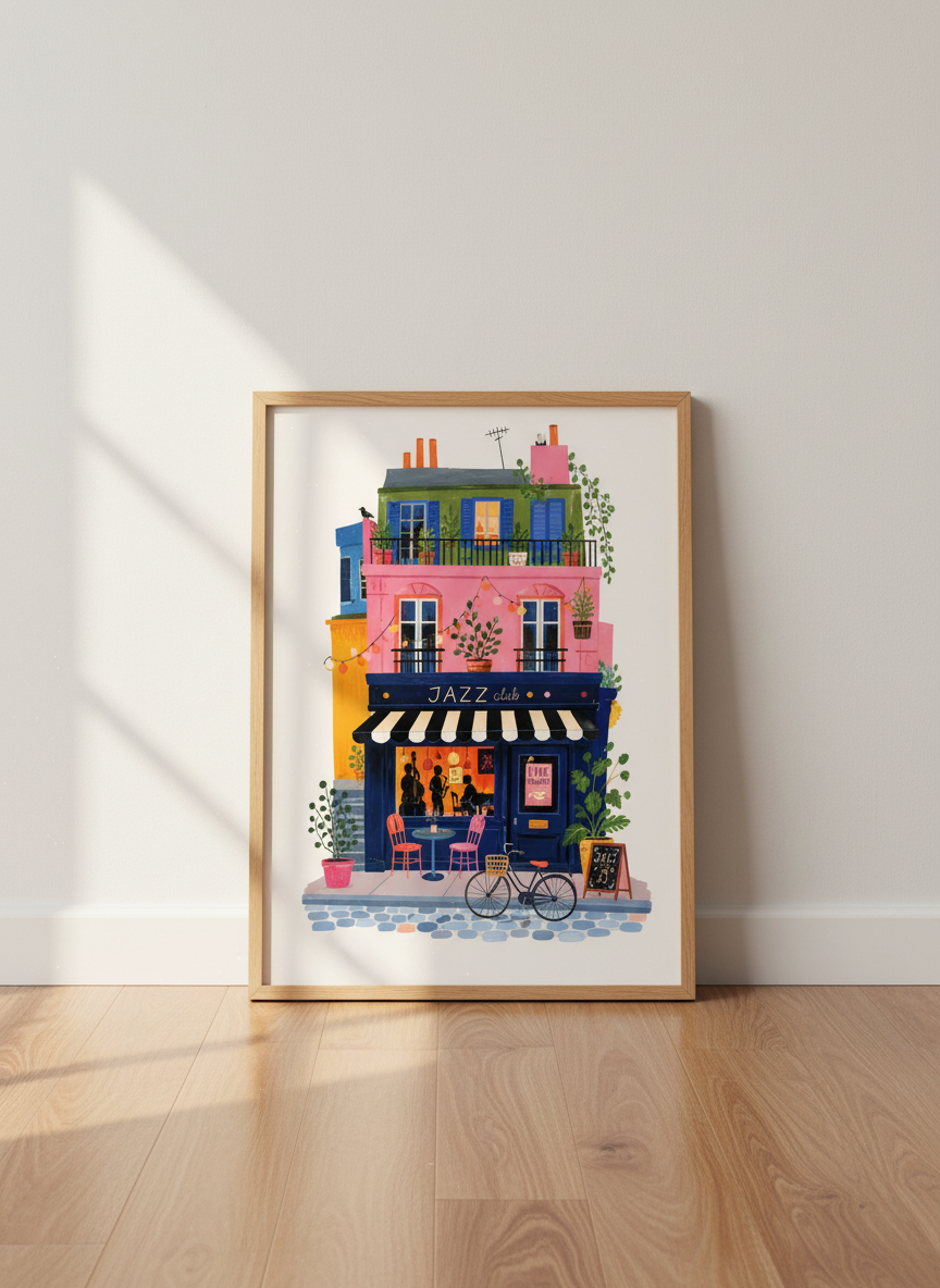 Jazz Club Cafe Wall Art | Colorful City Street Poster, Music Room Decor