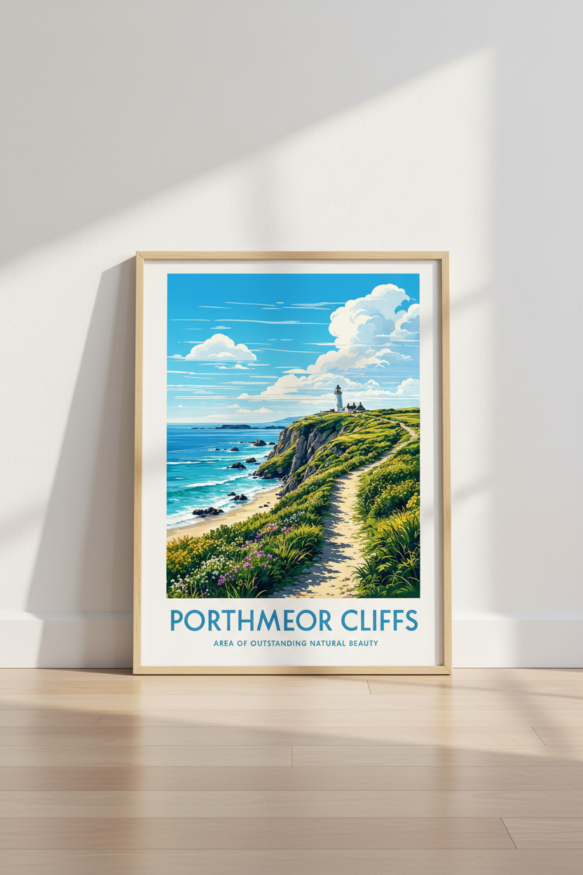 Porthmeor Cliffs Coastal Wall Art | Blue Lighthouse Print, Cornwall Decor
