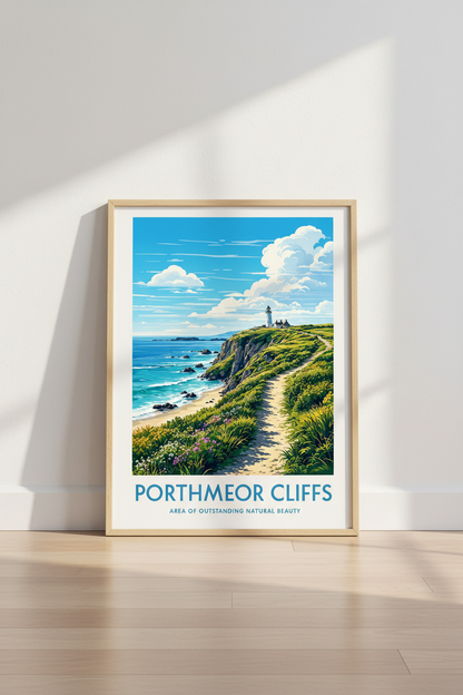 Porthmeor Cliffs Coastal Wall Art | Blue Lighthouse Print, Cornwall Decor