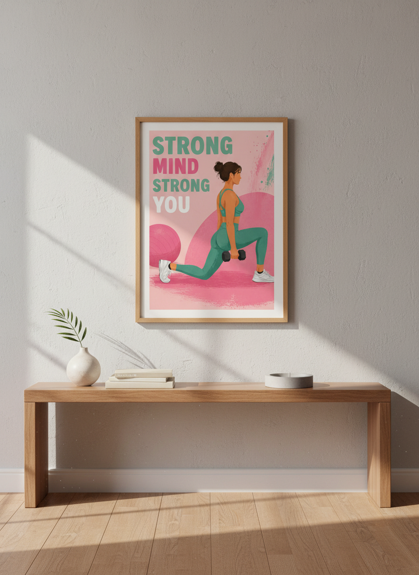 Strong Mind Fitness Wall Art | Pink Teal Gym Decor | Motivational Poster