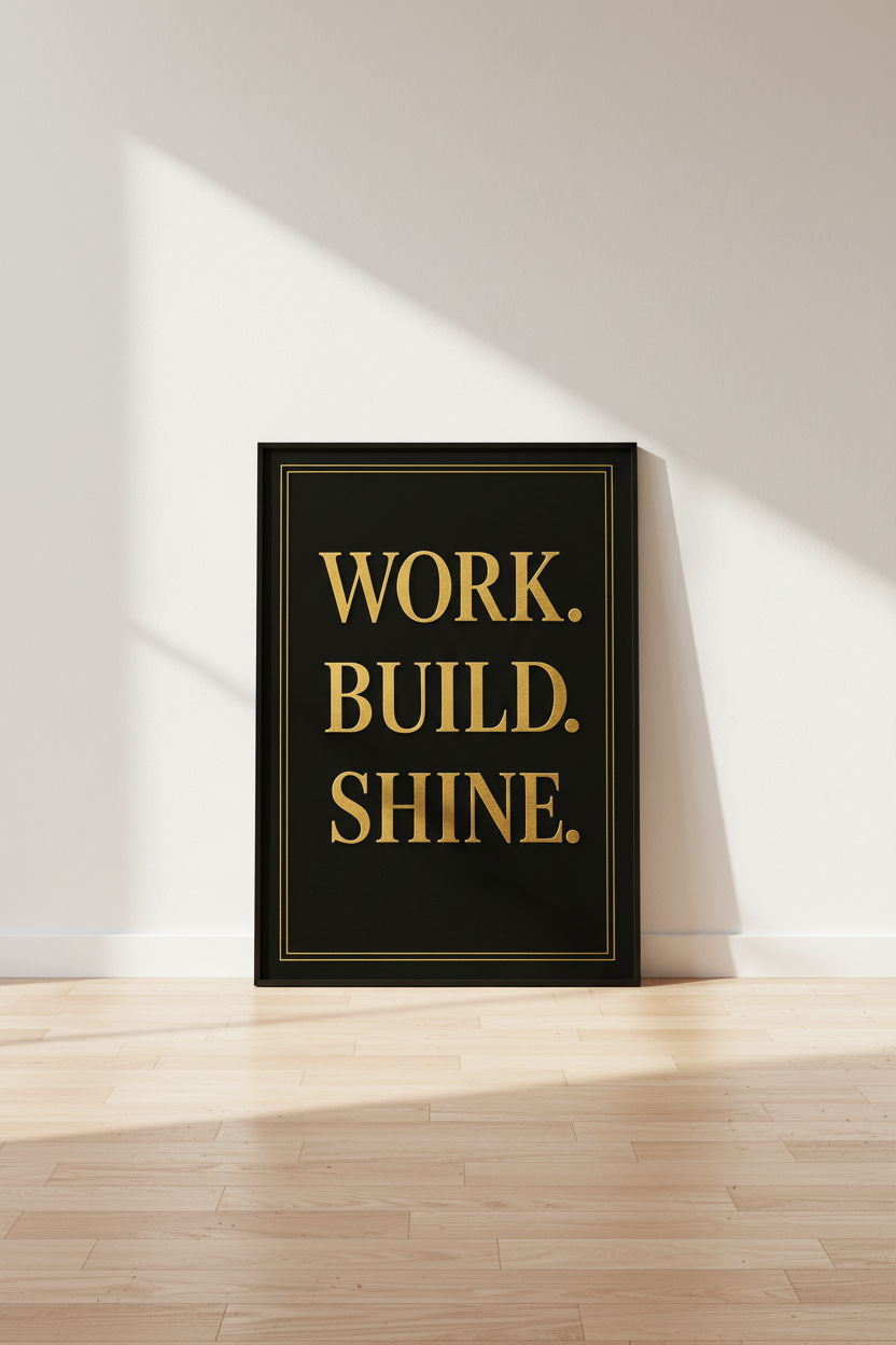 Motivational Quote Wall Art Print | Office Desk Decor | Work Build Shine Gold Black Poster | Inspirational Framed or Digital Art Gift