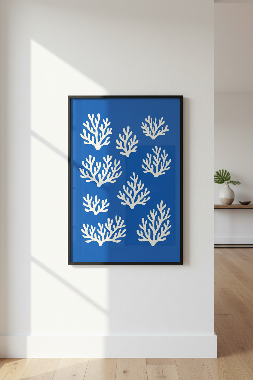 Coastal Minimalist Coral Wall Art Print | Ocean Blue Living Room Decor | Nautical Framed Poster | Ready To Hang Wall Decor