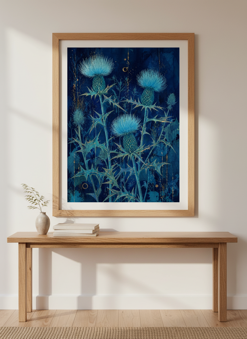 Blue Thistle Floral Wall Art | Navy &amp; Gold Botanical Poster, Moody Bedroom Decor