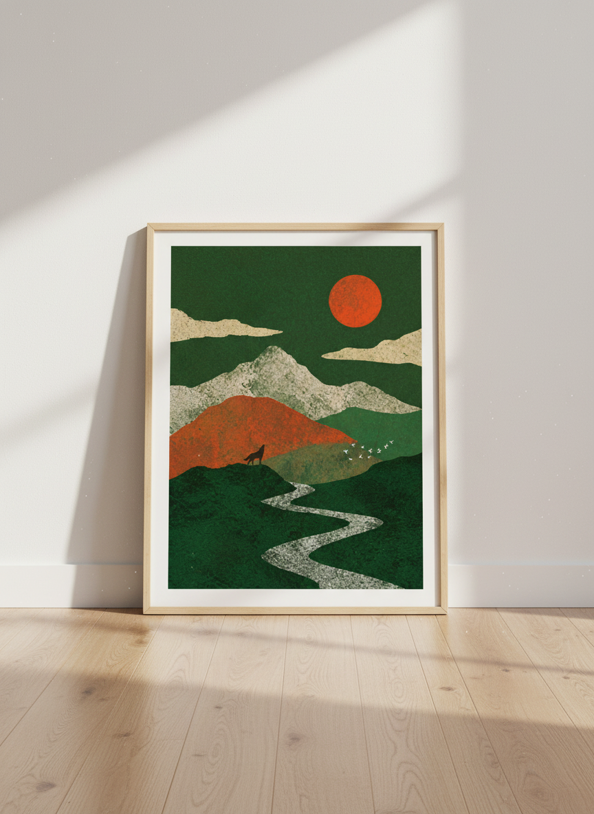 Wolf Howling Art, Textured Landscape Print | Bohemian Forest Decor, Green Mountain Poster