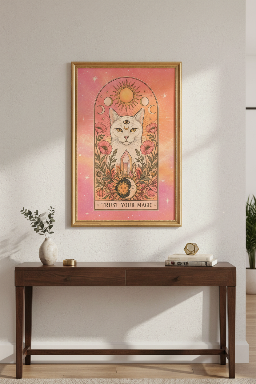 Mystical Cat Poster | Boho Sunmoon Art, Bedroom Decor