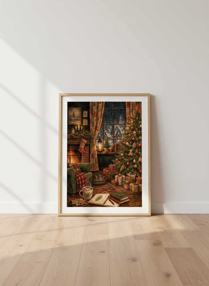 Cozy Christmas Window Art | Winter Village Watercolor, Rustic Holiday Decor Poster
