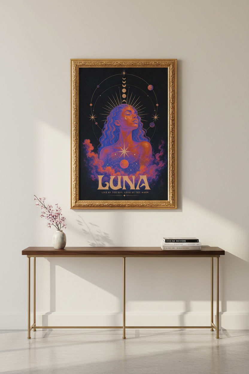 Moon Goddess Print | Celestial Neon Portrait, Bedroom Decor