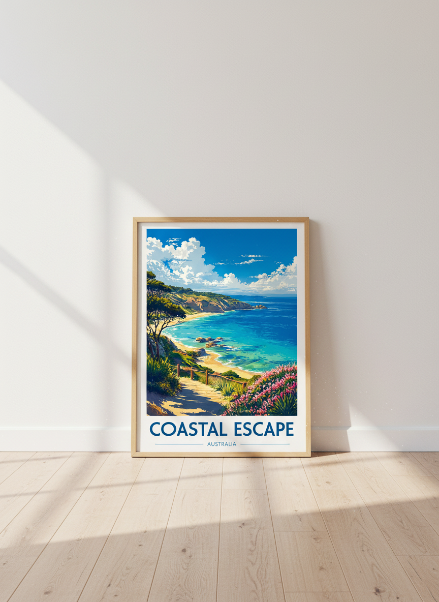 Coastal Escape Australia Poster | Beach Landscape Travel Art, Living Room Wall Decor