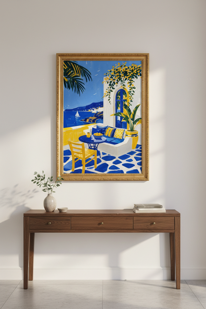 Mediterranean poster | Coastal Blue Yellow, Living Room Decor