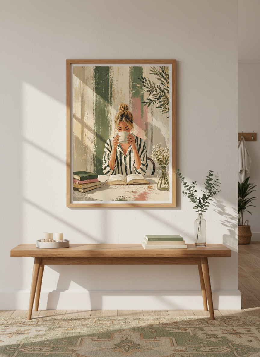 Woman Reading &amp; Coffee Art | Earthy Green Pink Canvas Print, Cozy Bedroom Decor