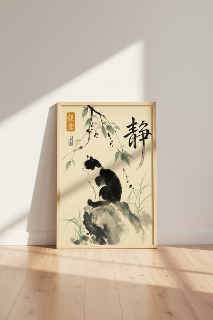Japanese Black and White Cat Wall Art | Zen Ink Style, Living Room Decor