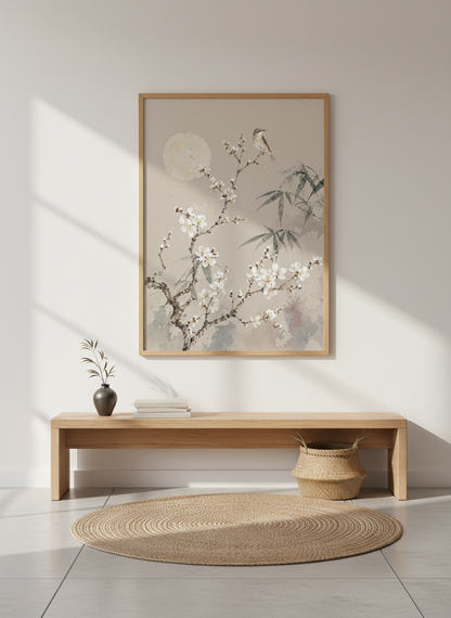 Japanese Bird &amp; Cherry Blossom Wall Art | Neutral Zen Decor | Chinoiserie Poster