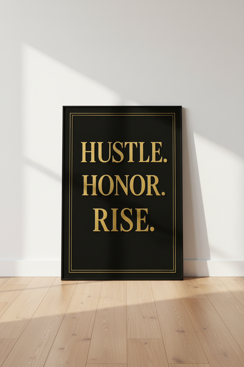 Minimalist Inspirational Quote Wall Art Print | Office Decor | Modern Entrepreneur Poster | Hustle Honor Rise Gold Black Art
