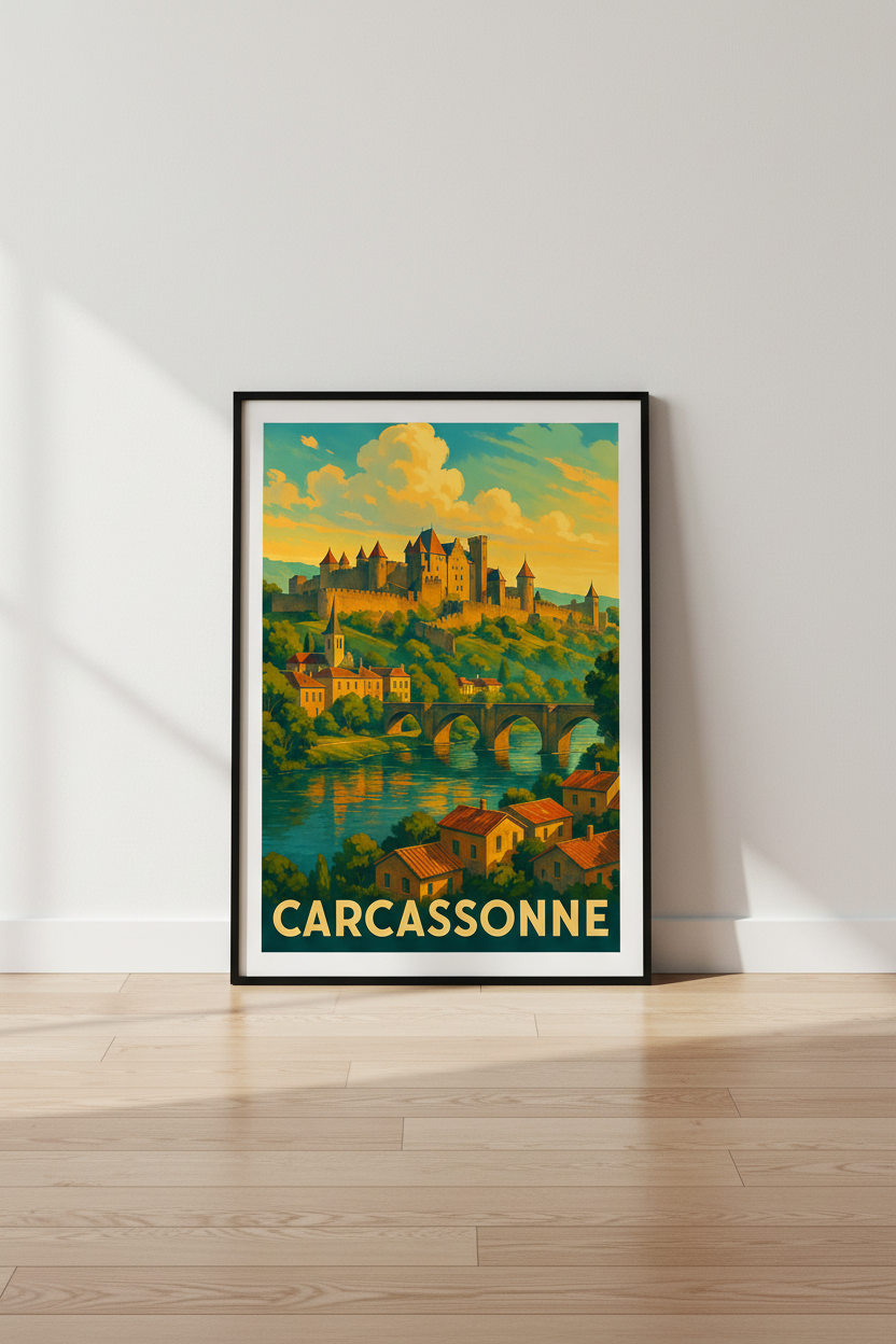 Retro Travel Carcassonne Wall Art Print | French City Decor | Vintage Travel Poster Framed Art | Ready to Hang Wall Decor