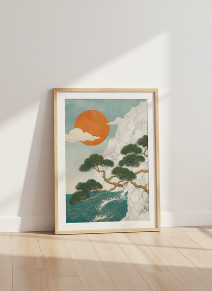 Japanese Landscape Wall Art | Teal &amp; Orange Nature Print, Living Room Decor