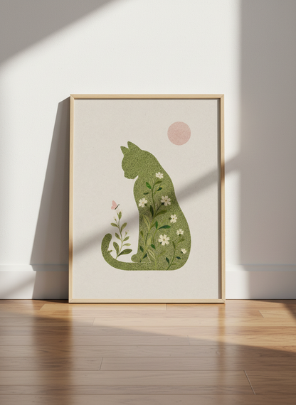 Floral Cat Silhouette Wall Art | Boho Botanical Green Decor, Nursery Nursery Poster