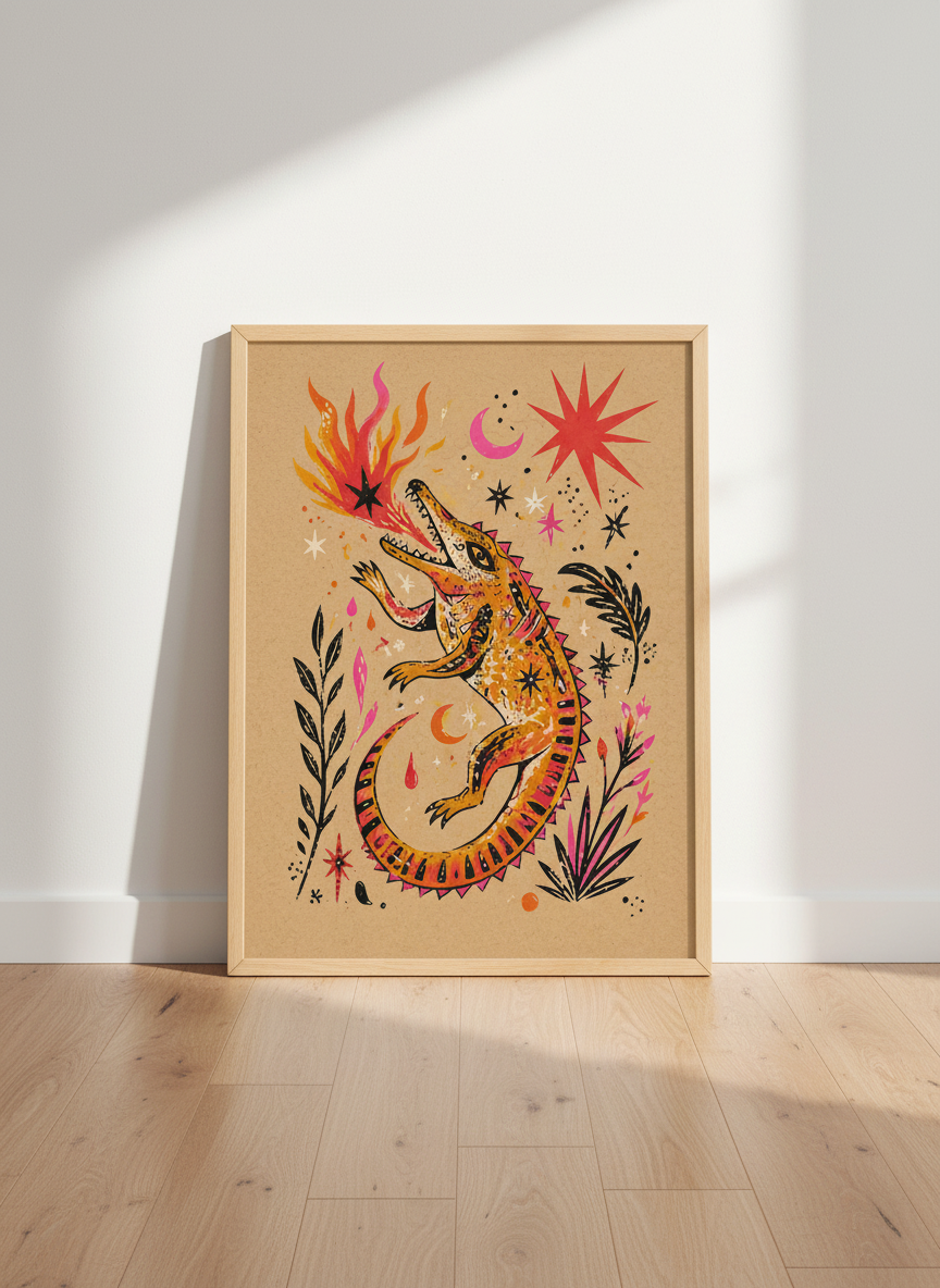 Orange Crocodile Wall Art Print | Boho Kids Room Decor | Maximalist Witchy Poster