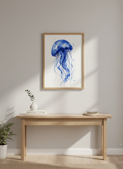 Blue Jellyfish Watercolor | Coastal Indigo Sea Life Print | Modern Bathroom Decor