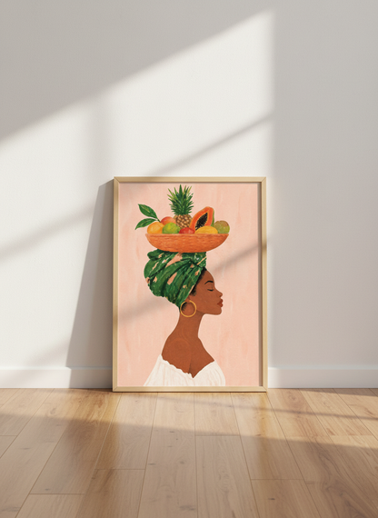 Abstract Woman with Fruit Wall Art Print | Kitchen Decor | Boho Aesthetic Poster | African American Art