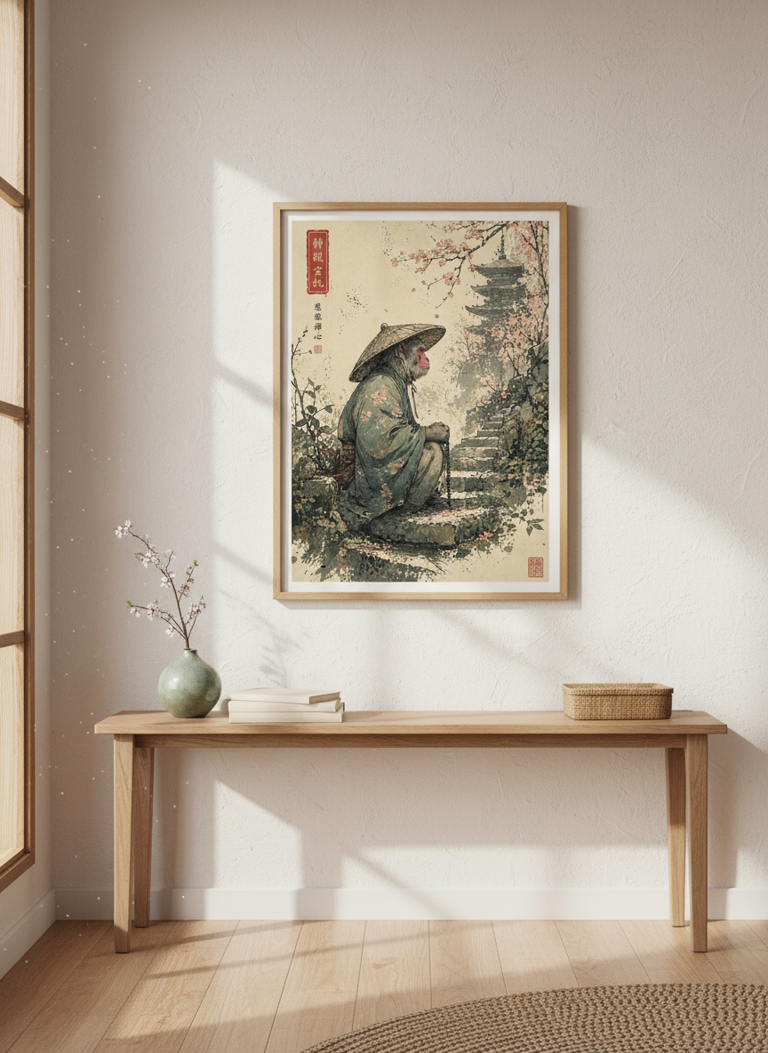 Japanese Monkey Monk Wall Art | Zen Pagoda &amp; Cherry Blossom, Japandi Decor