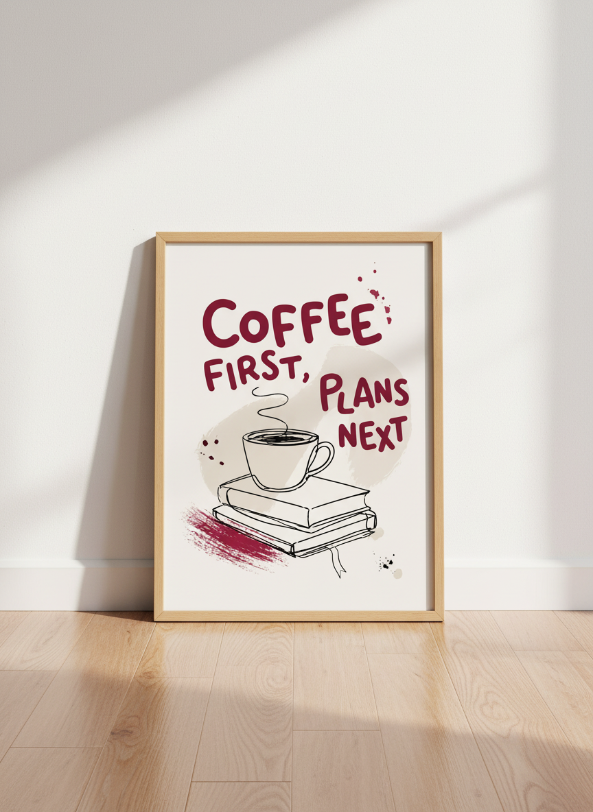 Coffee First Plans Next Wall Art | Kitchen Decor | Minimalist Coffee Lover Poster