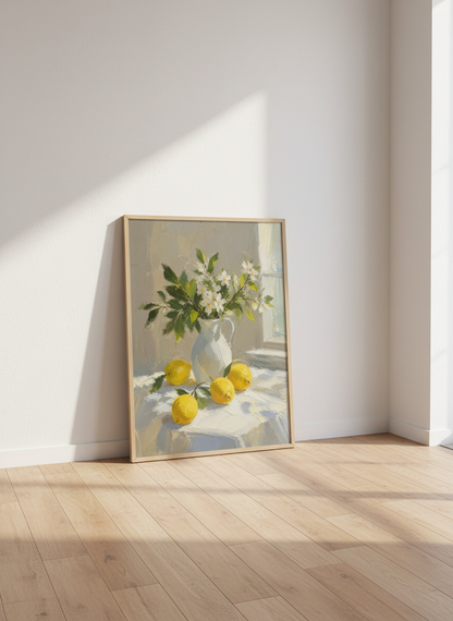 Lemon Still Life Wall Art Print | Kitchen Decor | Impasto Mediterranean Poster