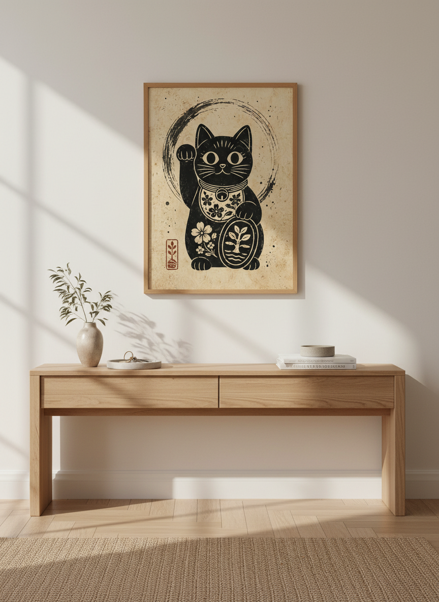 Maneki Neko Lucky Cat Art | Japanese Linocut Style, Black &amp; Beige Zen Decor