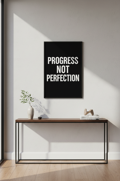 Minimalist Inspirational Quote Wall Art | Progress Not Perfection Poster | Black and White Motivational Print for Office Decor