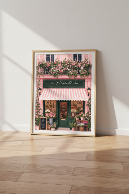 Parisian Flower Shop Wall Art | Pastel Pink French Floral Decor, Botanical Poster Print