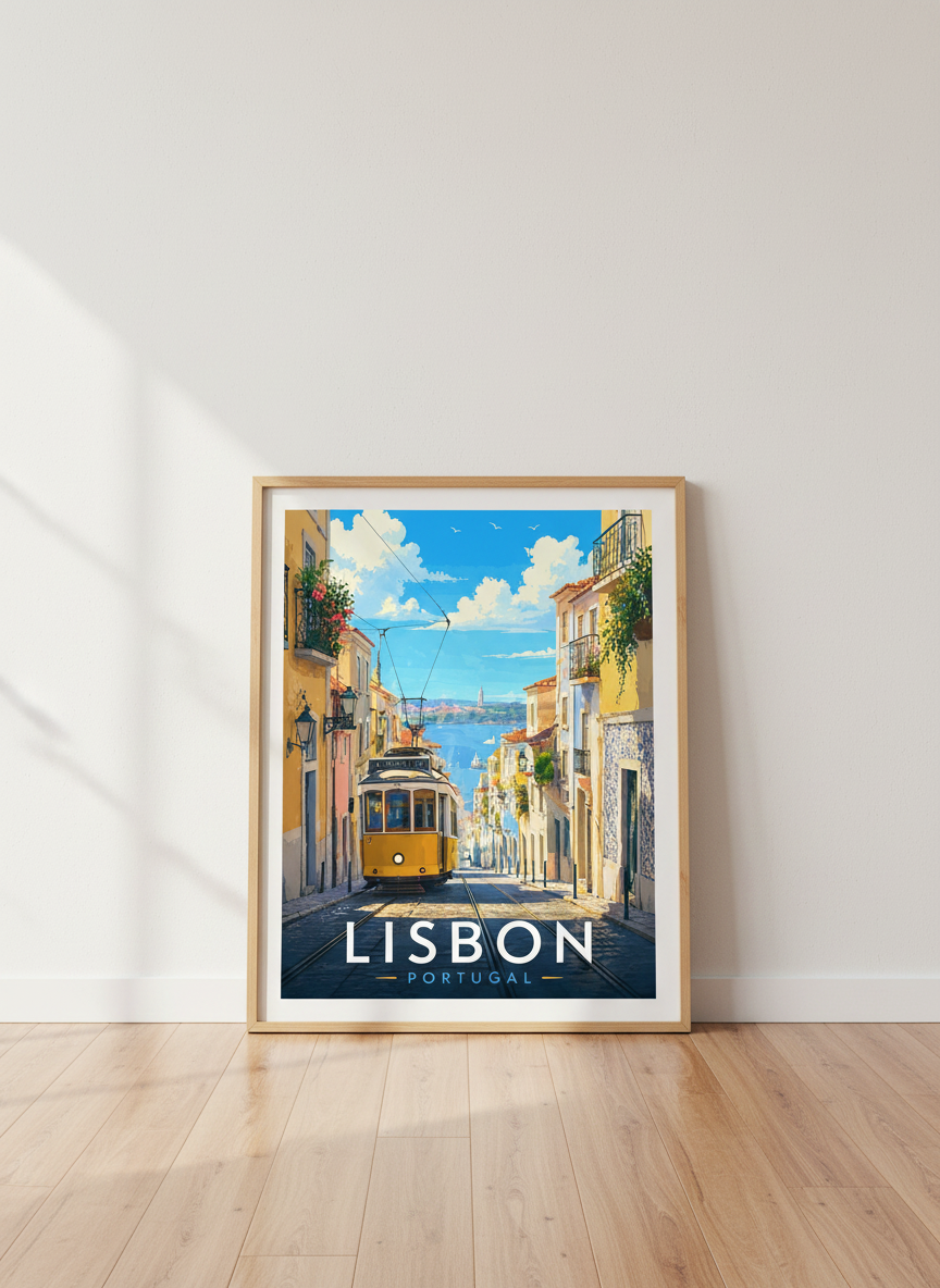 Lisbon Portugal Travel Poster | Yellow Tram Wall Art, Mediterranean City Decor