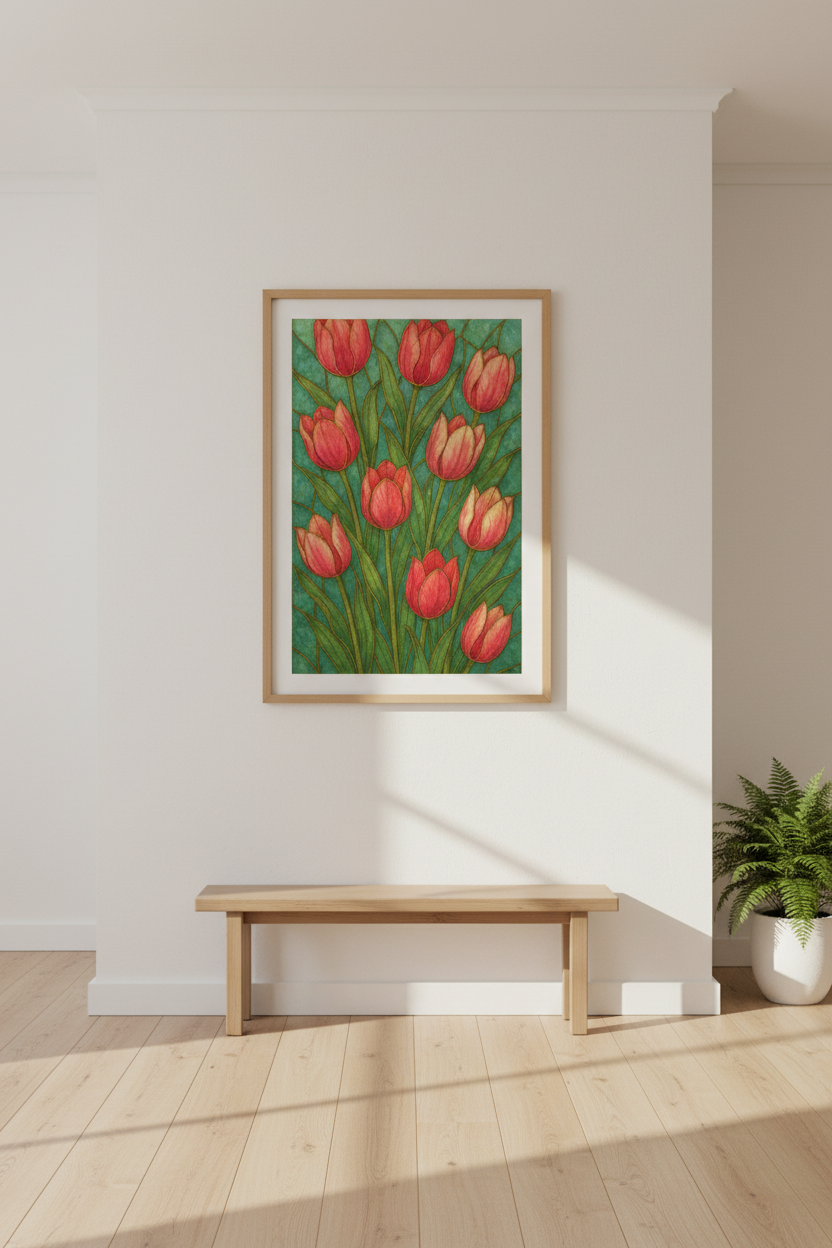 Art Nouveau Tulip Wall Art Print | Botanical Living Room Decor | Vintage Floral Framed Poster | Ready to Hang Canvas Art