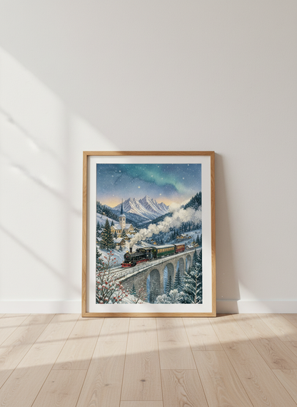 Winter Village Train Wall Art Print | Alpine Snowy Mountain Decor | Nostalic Poster