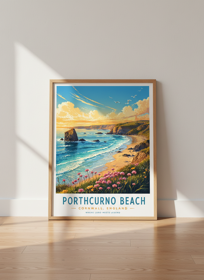 Cornwall Beach Wall Art | Porthcurno England Poster | Coastal Home Decor
