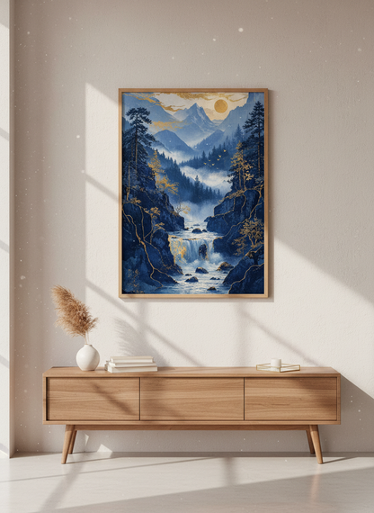 Blue Gold Mountain Waterfall Wall Art | Living Room Decor | Japanese Aesthetic Poster