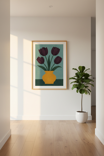 Minimalist Floral Framed Wall Art | Deep Purple Tulips in Vase Poster | Modern Boho Living Room Decor | Ready to Hang Art Print