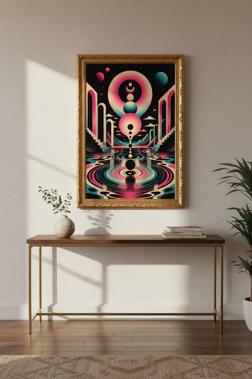 retro cosmic poster | futuristic pink teal, living room art