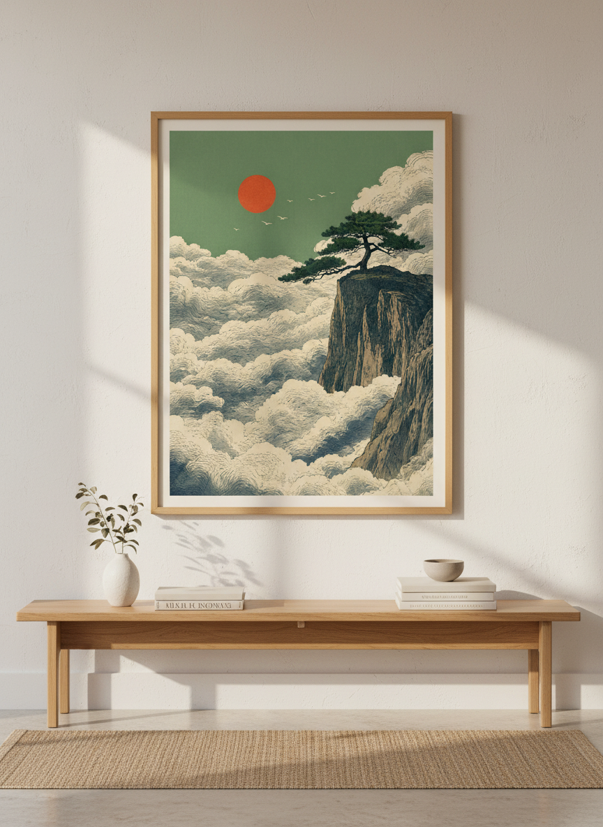 Japanese Landscape Wall Art | Pine Tree &amp; Red Sun Print, Zen Bedroom Decor