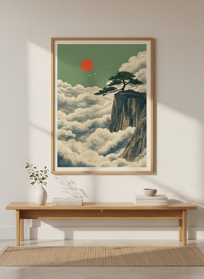 Japanese Landscape Wall Art | Pine Tree &amp; Red Sun Print, Zen Bedroom Decor