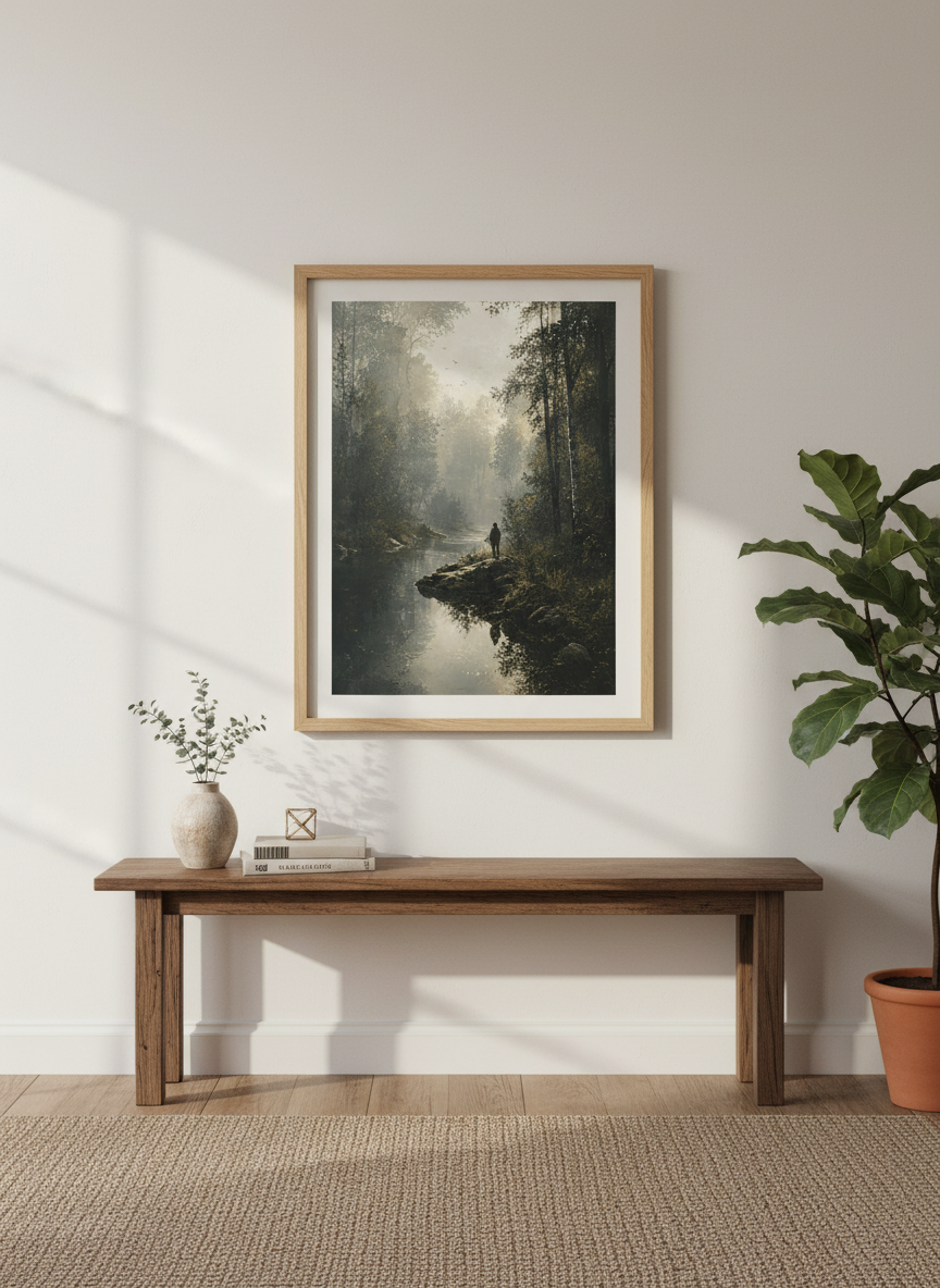 Misty Forest River Wall Art | Moody Landscape Print, Nature Living Room Decor